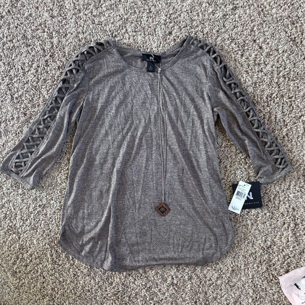 NWT 2pc I.N. junior size small shirt + necklace top women taupe